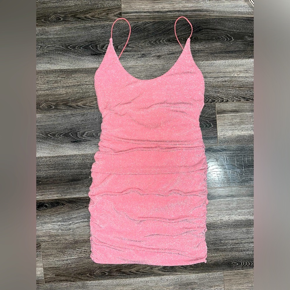 Pink Backless Sparkly Shimmer Ruched Bodycon Mini Cocktail Dress
